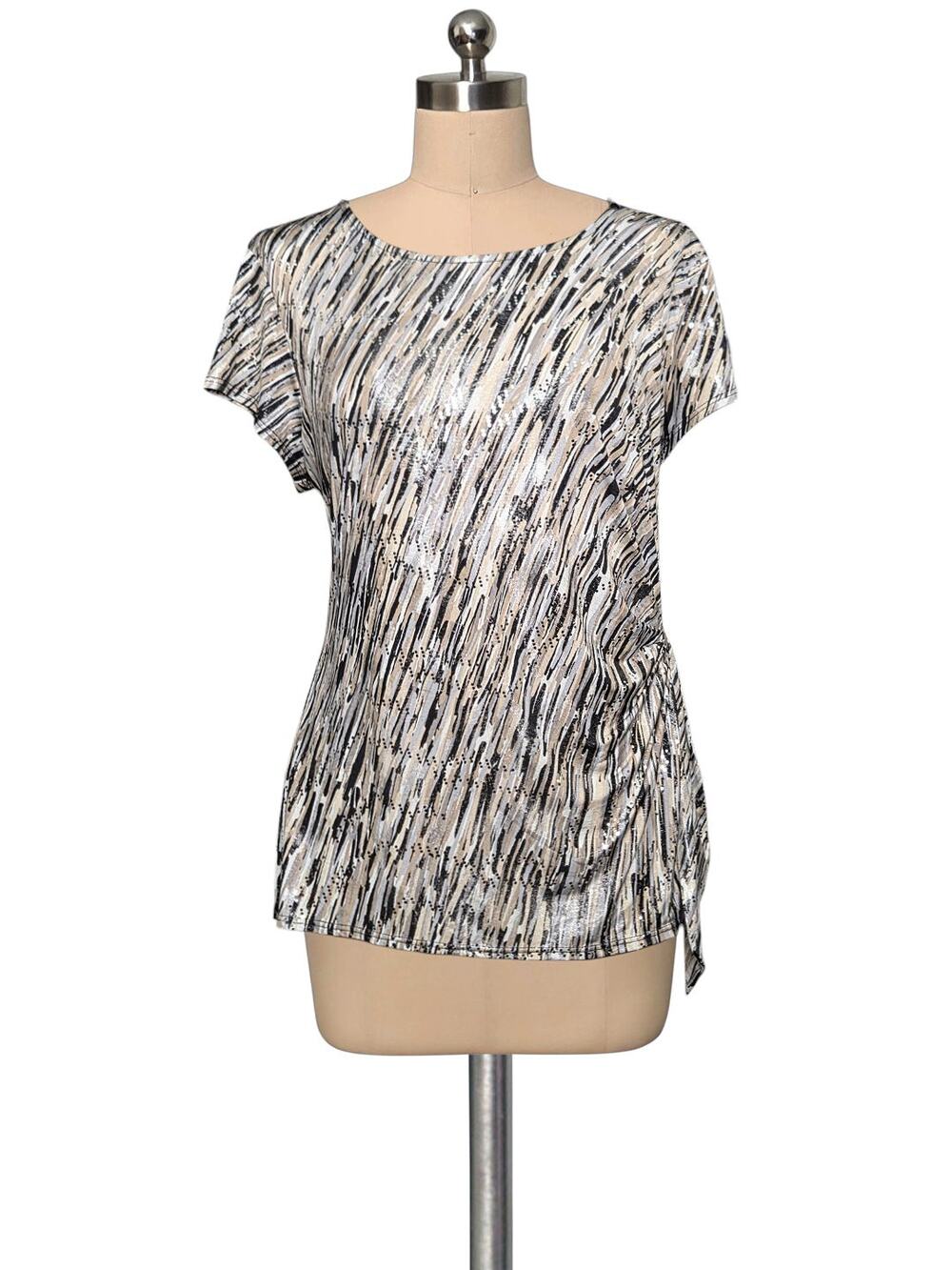 Sexy Fun JBS Metallic Print Silver Sequins Tie Side Disco Party Stretchy Top L
